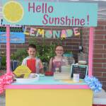Brooklynne Timm, left, and Kinley Clack, right, smile for the camera at their lemonade stand outside of Sweeneys during Lemonade Day in Soldotna, Alaska on June 29, 2019. (Photo by Brian Mazurek/Peninsula Clarion)