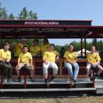 From left, front, Aries Lyons, Logan Amaya, Autumn Bass, Alexa Menzel and Tucker Challans pose with the Yo! Tacos crew during Lemonade Day in Soldotna, Alaska on June 29, 2019. (Photo by Brian Mazurek/Peninsula Clarion)