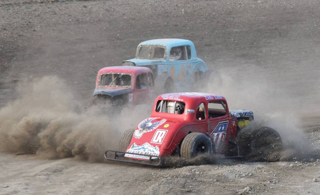 The #4 Legends car of Dallas Dalton spins into the dirt Saturday, June 29, 2019, at Twin Cities Raceway in Kenai, Alaska. (Photo by Joey Klecka/Peninsula Clarion)