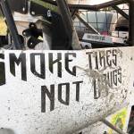 The No. 29 Sprint Car of Aaron McGahan features the slogan, Smoke Tires, Not Drugs, Saturday, June 29, 2019, before a heat race at Twin Cities Raceway in Kenai, Alaska. (Photo by Joey Klecka/Peninsula Clarion)