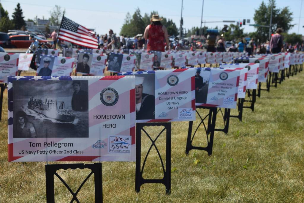 The Hometown Heroes display is seen here at the Kenai Park Strip during the July 4th parade in Kenai, Alaska. (Photo by Brian Mazurek/Peninsula Clarion)