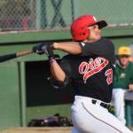 Peninsula Oilers batter Jonathan Villa takes a swing at a pitch from Mat-Su Miner pitcher Brandon Birdsell Friday at Coral Seymour Memorial Park in Kenai. (Photo by Joey Klecka/Peninsula Clarion)