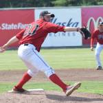 Peninsula Oilers starter Eric Reardon offers up a pitch to a Mat-Su Miner batter Sunday, July 7, 2019, at Coral Seymour Memorial Park in Kenai, Alaska. (Photo by Joey Klecka/Peninsula Clarion)