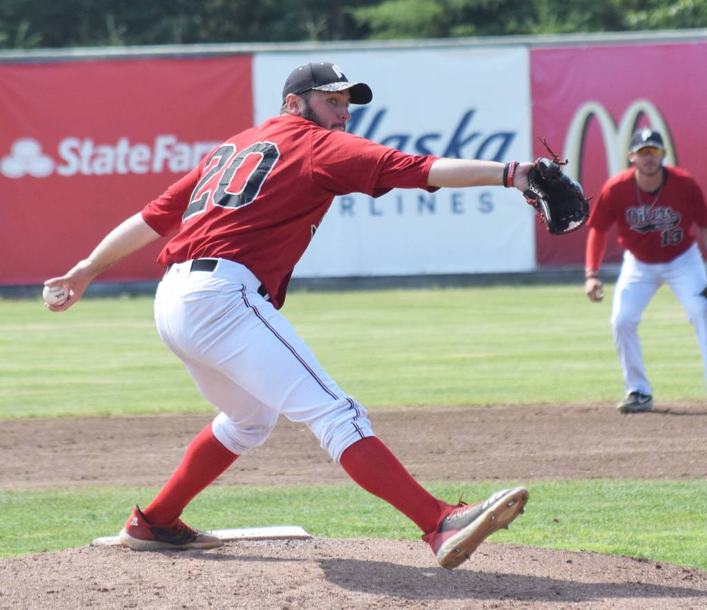 Peninsula Oilers starter Eric Reardon offers up a pitch to a Mat-Su Miner batter Sunday, July 7, 2019, at Coral Seymour Memorial Park in Kenai, Alaska. (Photo by Joey Klecka/Peninsula Clarion)