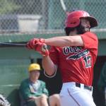 Peninsula Oilers designated hitter Calvin Farris swings at a pitch Sunday, July 7, 2019, against the Mat-Su Miners at Coral Seymour Memorial Park in Kenai, Alaska. (Photo by Joey Klecka/Peninsula Clarion)