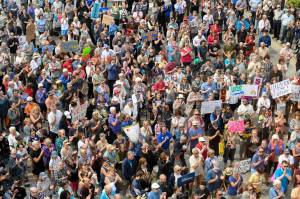 Michael Penn | Juneau Empire                                Hundreds attend a rally in front of the Capitol calling for an override of Gov. Mike Dunleavys budget vetoes on the first day of the Second Special Session of the Alaska Legislature in Juneau on Monday.