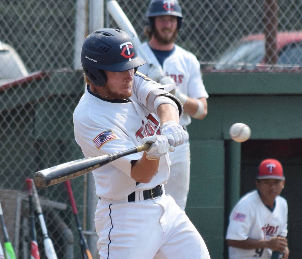Twins batter Jeremy Kupferschmid swings at a pitch Monday, July 8, 2019, against West at Coral Seymour Memorial Park in Kenai, Alaska. (Photo by Joey Klecka/Peninsula Clarion)