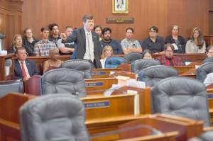 State Sen. Bill Wielechowski, an Anchorage Democrat, speaks in favor of lawmakers overriding Gov. Mike Dunleavys budget vetoes Wednesday, Juneau. Nearly a third of lawmakers were absent from the session at the Capitol, opting to meet in Wasilla instead, leaving only 38 members meeting in Juneau. It would take 45 votes to override the vetoes. (Michael Penn/Juneau Empire via AP)