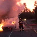 Anchor Point Fire and EMS crews put out a vehicle fire at about 11:45 p.m. Sunday, July 7, 2019, on the Old Sterling Highway near Anchor Point, Alaska. (Photo by Jon Marsh/Anchor Point Fire and EMS)
