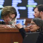 Michael Penn / Juneau Empire                                 Senate President Cathy Giessel, R-Anchorage, (left) leans in to listen to Rep. Jennifer Johnston, R-Anchorage, during a Joint Session of Alaska Legislature at the Capitol on Thursday to debate and vote on an override of Gov. Mike Dunleavys budget vetoes. The vote didnt take place.
