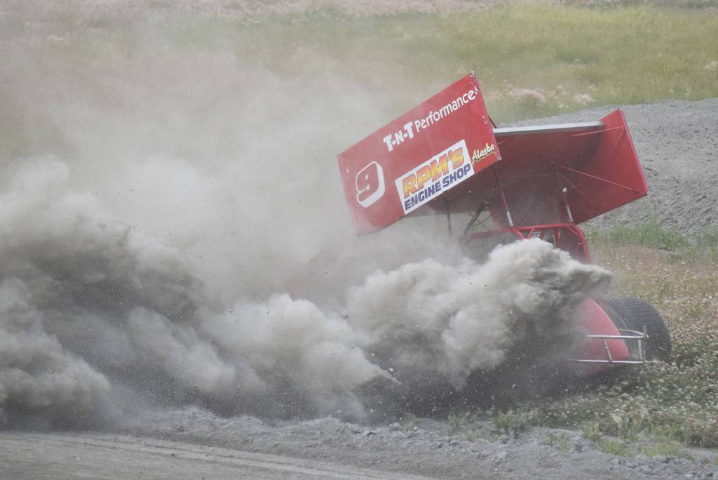 John Mellish, driver of the No. 9 Sprint Car, spins out into the grass Saturday, July 13, 2019, at Twin City Raceway in Kenai, Alaska. (Photo by Joey Klecka/Peninsula Clarion)