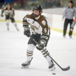 Kenai River Brown Bears forward Brandon Lajoie controls the puck against the Springfield (Illionis) Jr. Blues on Friday, Jan. 18, 2019, at the Soldotna Regional Sports Comlex. (Photo by Jeff Helminiak/Peninsula Clarion)