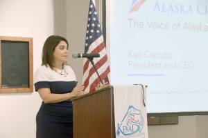 Kati Capozzi, president and CEO of the Alaska Chamber of Commerce, gives a presentation to the Kenai Chamber of Commerce on Wednesday. (Photo by Brian Mazurek/Peninsula Clarion)