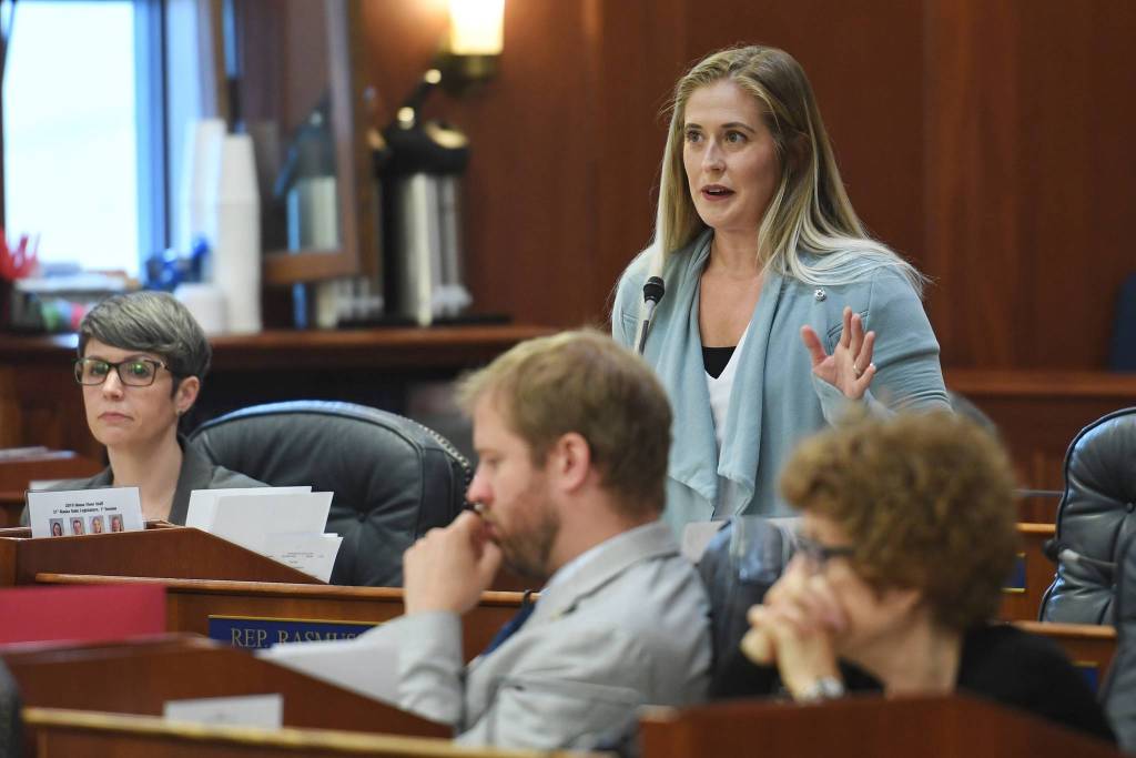 Rep. Sara Rasmussen, R-Anchorage, speaks in favor of HB 2002 on a reconsideration vote at the Capitol on Monday, July 22, 2019. (Michael Penn | Juneau Empire)