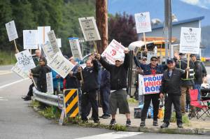 Michael Penn | Juneau Empire                                Members of the Inland Boatmens Union of the Pacific picket in front of the Auke Bay Terminal on Thursday. The union called a strike on Wednesday over failed negotiations with Gov. Mike Dunleavys administration.