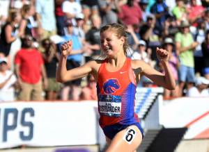 Boise State redshirt junior and Kenai Central graduate Allie Ostrander throws up her arms after winning the womens 3,000-kilometer steeplechase title Saturday, June 8, 2019, at the Div. I track and field championships in Austin, Texas. (Photo provided by Boise State Athletics)