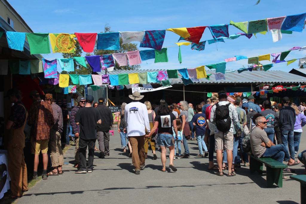 Festival goers walk through the Salmon Causeway  the collection of education and advocacy booths  on Friday, Aug. 2, 2019 at Salmonfest in Ninilchik, Alaska. (Photo by Megan Pacer/Homer News)