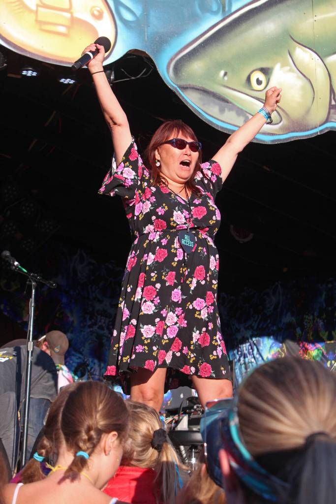 Lydia Olympic, environmental advocate and former president of the Igiugig Tribal Village Council, gives a speech about protecting Alaskas salmon waters on the Ocean Stage at Salmonfest on Friday, Aug. 2, 2019 in Ninilchik, Alaska. (Photo by Megan Pacer/Homer News)