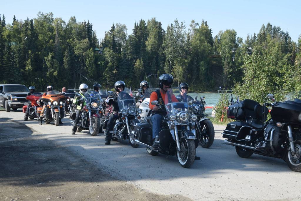 Bikers from the American Legion prepare to escort the soldiers from the Wounded Warriors Fishing Trip at Centennial Park in Soldotna, Alaska on Aug. 9, 2019. (Photo by Brian Mazurek)