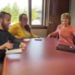 Erin Thompson / Peninsula Clarion                                Clarion reporters Brian Mazurek and Victoria Petersen interview Sen. Lisa Murkowski, R-Alaska, Wednesday at the Peninsula Clarion in Kenai. Murkowski discussed issues such as the Alaska Permanent Fund dividend, the Pebble Mine project and Alaska-related legislation.