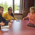 Clarion reporters Brian Mazurek, left, and Victoria Petersen interview Sen. Lisa Murkowski, R-Alaska, at the Peninsula Clarion in Kenai, Alaska, on Wednesday, Aug. 14, 2019. Murkowski discussed issues such as the Alaska Permanent Fund dividend, the Pebble Mine project and Alaska-related legislation. (Photo by Erin Thompson/Peninsula Clarion)