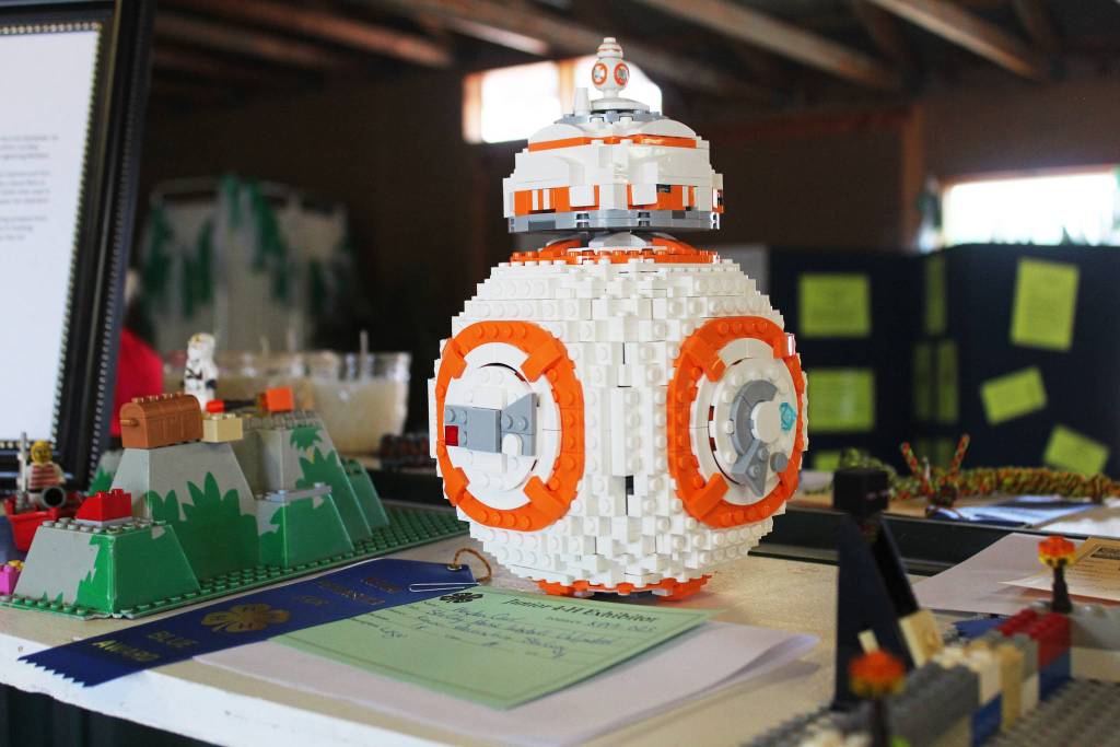 A replica of the BB-8 android from the Star Wars film franchise made of legos rests on a shelf in the exhibit hall at the Kenai Peninsula Fair on Friday, Aug. 16, 2019 at the fairgrounds in Ninilchik, Alaska. (Photo by Megan Pacer/Homer News)