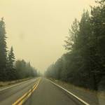 Smoke from the Swan Lake Fire impairs visibility on the Sterling Highway on Aug. 20, 2019. (Photo by Victoria Petersen/Peninsula Clarion)