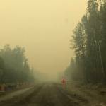 Smoke from the Swan Lake Fire impairs visibility on the Sterling Highway on Aug. 20, 2019. (Photo by Victoria Petersen/Peninsula Clarion)