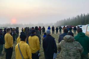 Fire crews are briefed on the days operations at the Otter Creek Spike Camp on Aug. 21, 2019. (Courtesy Kenai Peninsula Borough Office of Emergency Management)