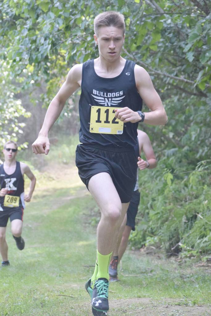 Nikiski senior Bryan McCollum competes in the junior-senior race during the Nikiski Class Races on Monday, Aug. 19, 2019, at Nikiski High School in Nikiski, Alaska. (Photo by Jeff Helminiak/Peninsula Clarion)
