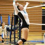 Kaycee Bostic jumps to spike the ball during the final game of the Homer Jamboree against the Homer Mariners on Saturday, Aug. 24, 2019 in the Alice Witt Gymnasium in Homer, Alaska. (Photo by Megan Pacer/Homer News)