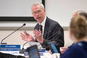 University of Alaska President Jim Johnsen makes a presentation to the universitys Board of Regents at the UAS Recreation Center on Sept. 15, 2016. (Michael Penn | Juneau Empire File)