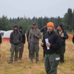 Incident Commander Marty Adell gives the morning briefing at the Otter Creek Spike Camp 5 miles north of Sterling, Alaska on Aug. 30, 2019. (Photo by Brian Mazurek/Peninsula Clarion)