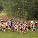 Joe Hamilton leads the mass start during the Division II race of the Palmer Invitational on Saturday, Sept. 7, 2019. (Photo by Tim Rockey/Frontiersman)