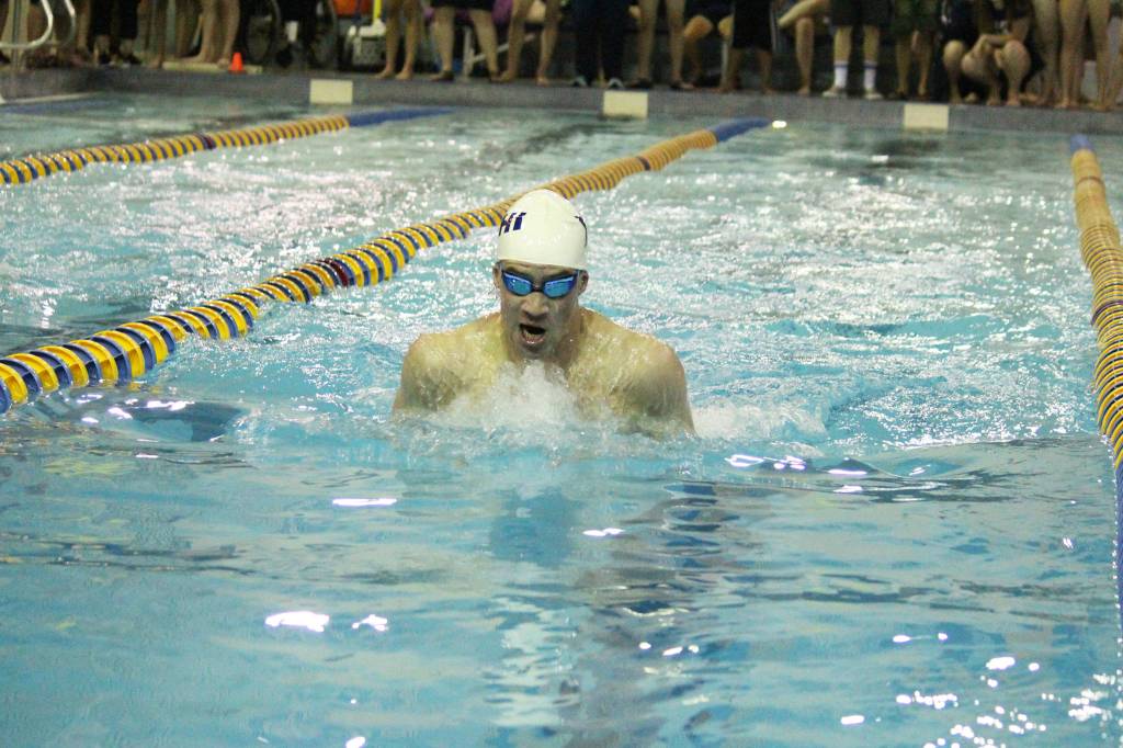 Soldotnas Ethan Evans swims to first place in the boys 100 yard breaststroke race during the Homer Invite on Saturday, Sept. 7, 2019 at the Kate Kuhns Aquatic Center in Homer, Alaska. (Photo by Megan Pacer/Homer News)