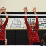 Kenai Centrals Chelsea Plagge (left) and Abby Every set up a block Saturday, Sept. 8, 2019, against Soldotna in the Shayna Pritchard Memorial Volleyball Tournament final at Nikiski High School. (Photo by Joey Klecka/Peninsula Clarion)