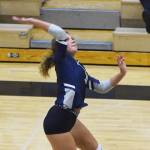 Soldotnas Kylie Ness winds up for a shot Saturday, Sept. 8, 2019, against Kenai Central in the Shayna Pritchard Memorial Volleyball Tournament final at Nikiski High School. (Photo by Joey Klecka/Peninsula Clarion)