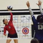 Kenai Centrals Baileigh Skorupa launches a shot Saturday, Sept. 8, 2019, against Soldotna in the Shayna Pritchard Memorial Volleyball Tournament final at Nikiski High School. (Photo by Joey Klecka/Peninsula Clarion)