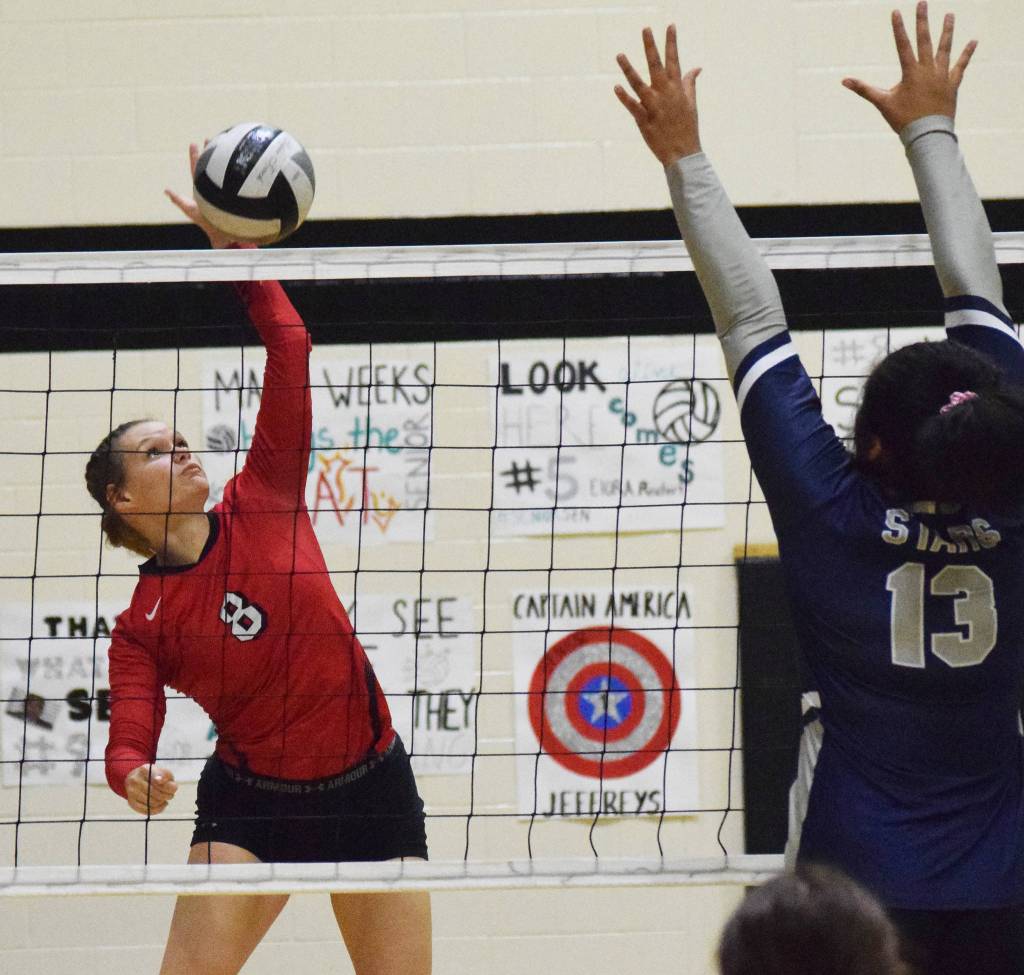 Kenai Centrals Baileigh Skorupa launches a shot Saturday, Sept. 8, 2019, against Soldotna in the Shayna Pritchard Memorial Volleyball Tournament final at Nikiski High School. (Photo by Joey Klecka/Peninsula Clarion)