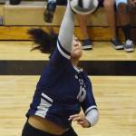 Soldotnas Ituau Tuisaula launches a shot Saturday, Sept. 8, 2019, against Kenai Central in the Shayna Pritchard Memorial Volleyball Tournament final at Nikiski High School. (Photo by Joey Klecka/Peninsula Clarion)