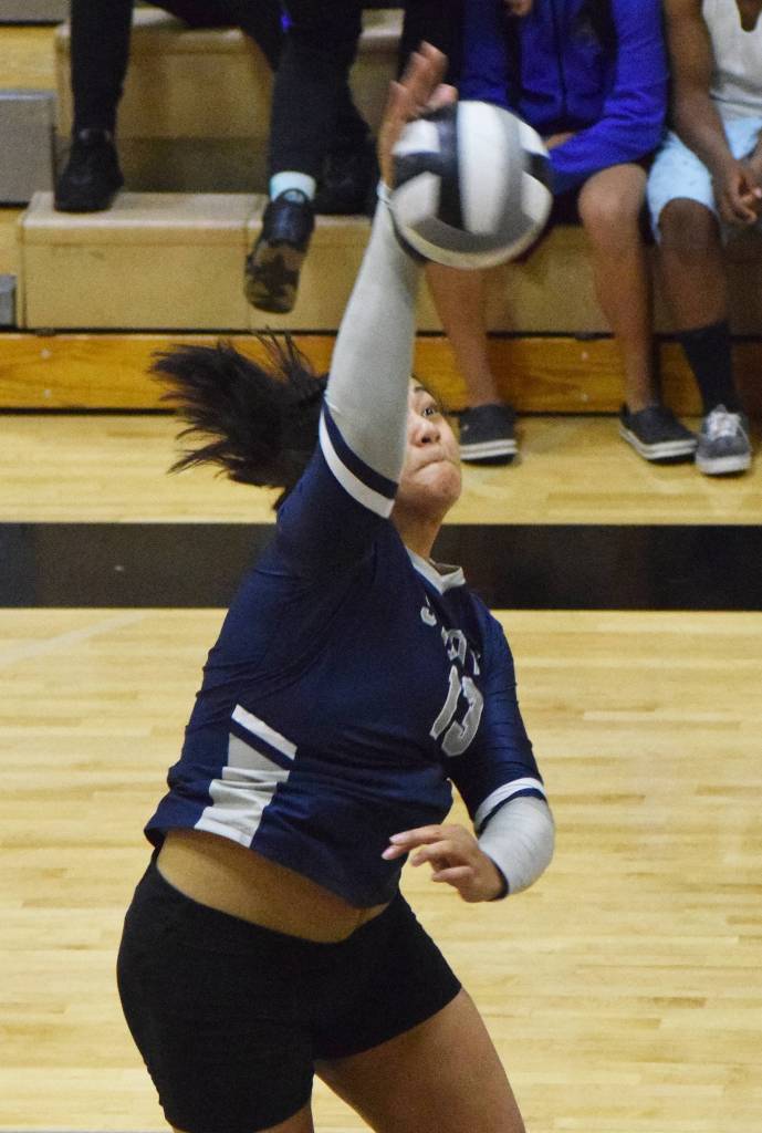 Soldotnas Ituau Tuisaula launches a shot Saturday, Sept. 8, 2019, against Kenai Central in the Shayna Pritchard Memorial Volleyball Tournament final at Nikiski High School. (Photo by Joey Klecka/Peninsula Clarion)