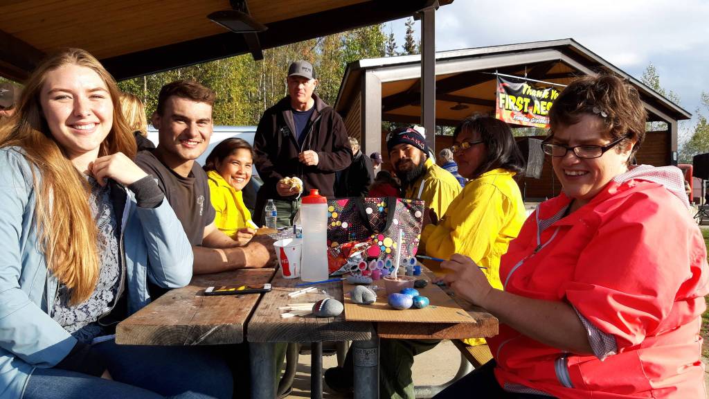 From left, Kyle Murdock, Matt Lazaros, Matt Seizes, John Chihuly and Terry Borkey from Central Emergency Services enjoy the first responder appreciation barbecue at Soldotna Creek Park on Monday, Sept. 9, 2019 in Soldotna, Alaska. (Photo by Brian Mazurek/Peninsula Clarion)