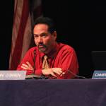 Superintendent John OBrien addresses the crowd assembled at a Monday, Sept. 9, 2019 Kenai Peninsula Borough School District Board of Education meeting at Homer High School in Homer, Alaska. (Photo by Megan Pacer/Homer News)