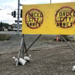 Signs along K-Beach Road, an area slated for annexation by the City of Soldotna, show opposition of the citys efforts to expand its boundaries, on Wednesday, Sept. 11, 2019, near Soldotna, Alaska. (Photo by Victoria Petersen/Peninsula Clarion)