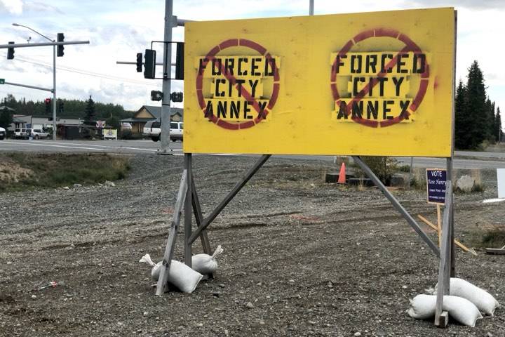 Signs along K-Beach Road, an area slated for annexation by the City of Soldotna, show opposition of the citys efforts to expand its boundaries, on Wednesday, Sept. 11, 2019, near Soldotna, Alaska. (Photo by Victoria Petersen/Peninsula Clarion)