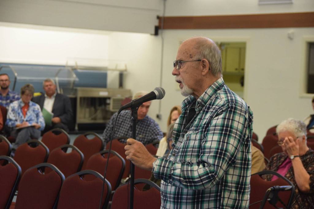 Nikiski resident Bill Warren speaks to members of the Federal Energy Regulatory Commission regarding the Draft Environmental Impact Statement for the Alaska LNG Project at the Nikiski Community Recreation Center on Sept. 11, 2019. (Photo by Brian Mazurek/Peninsula Clarion)