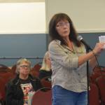 Nikiski resident Linda Huhndorf speaks to members of the Federal Energy Regulatory Commission regarding the Draft Environmental Impact Statement for the Alaska LNG Project at the Nikiski Community Recreation Center on Sept. 11, 2019. (Photo by Brian Mazurek/Peninsula Clarion)