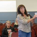 Brian Mazurek / Peninsula Clarion                                 Nikiski resident Linda Huhndorf speaks to members of the Federal Energy Regulatory Commission regarding the draft environmental impact statement for the Alaska LNG Project at the Nikiski Community Recreation Center on Wednesday.