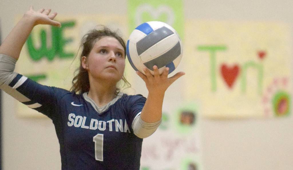 Soldotnas Hosanna Van Hout prepares to serve on Tip for Tori Night against Palmer on Friday, Sept. 13, 2019, at Soldotna High School in Soldotna, Alaska. (Photo by Jeff Helminiak/Peninsula Clarion)