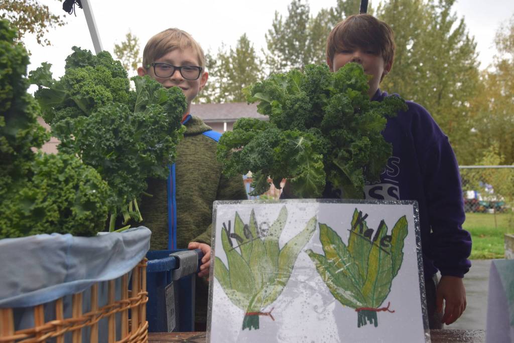Lee Downing, left, and Aanson Clark, right, can be seen here behind mountains of kale at the Montessori Farmers Market at the Soldotna Montessori School on Sept. 13, 2019. (Photo by Brian Mazurek/Peninsula Clarion)